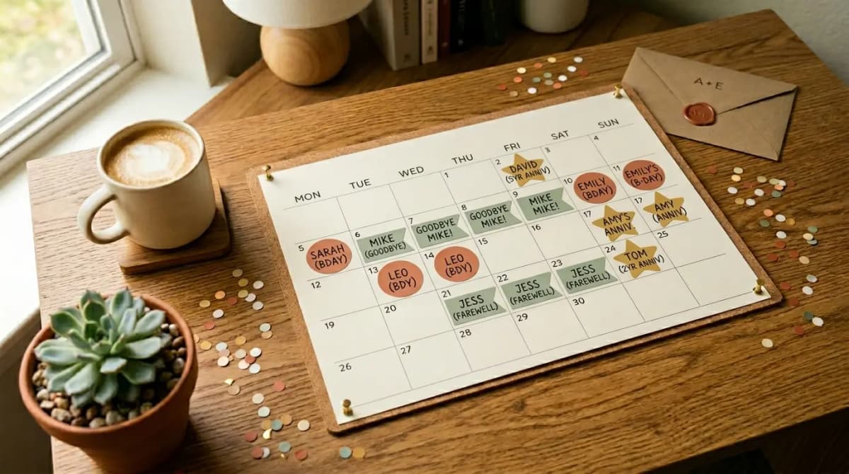 Team celebrations calendar showing upcoming birthdays and work anniversaries