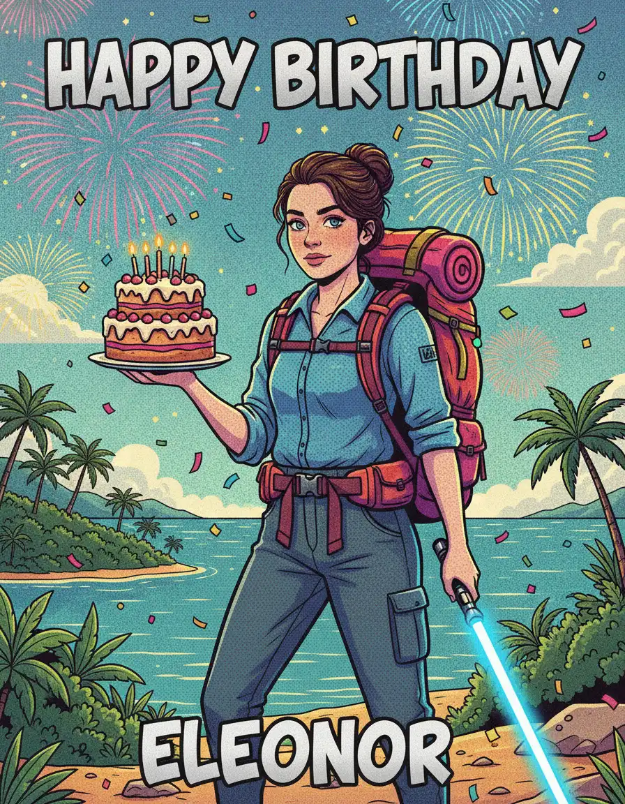 AI-generated birthday card showing Eleanor hiking on a tropical island holding a cake and a light saber with fireworks behind her