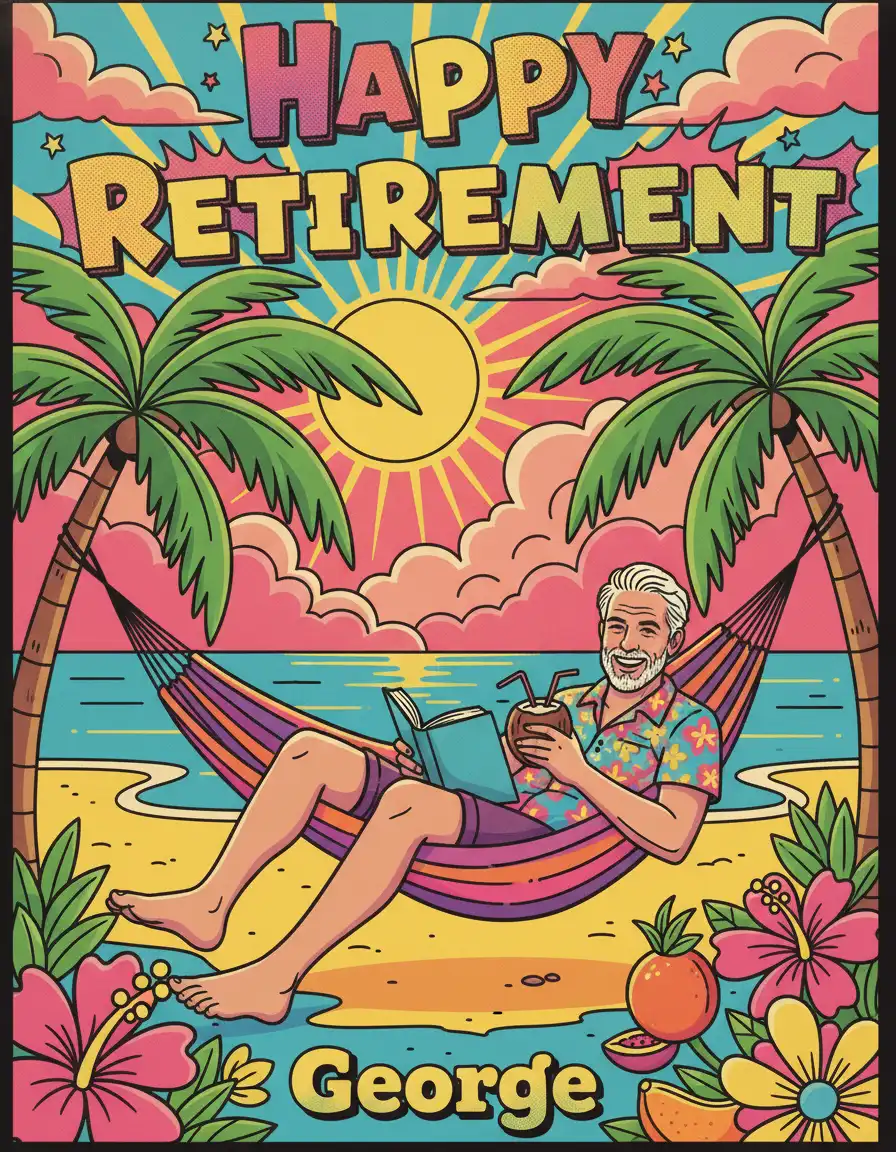 AI-generated birthday card showing George relaxing in a hammock on a tropical island with a book and a coconut